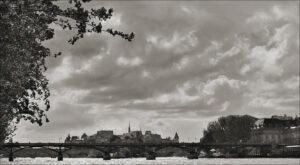au contre-jour du matin, la Seine apparaît sous un ciel lourd