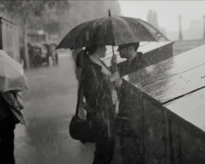 des amants aux boites des bouquinistes sous une pluie forte