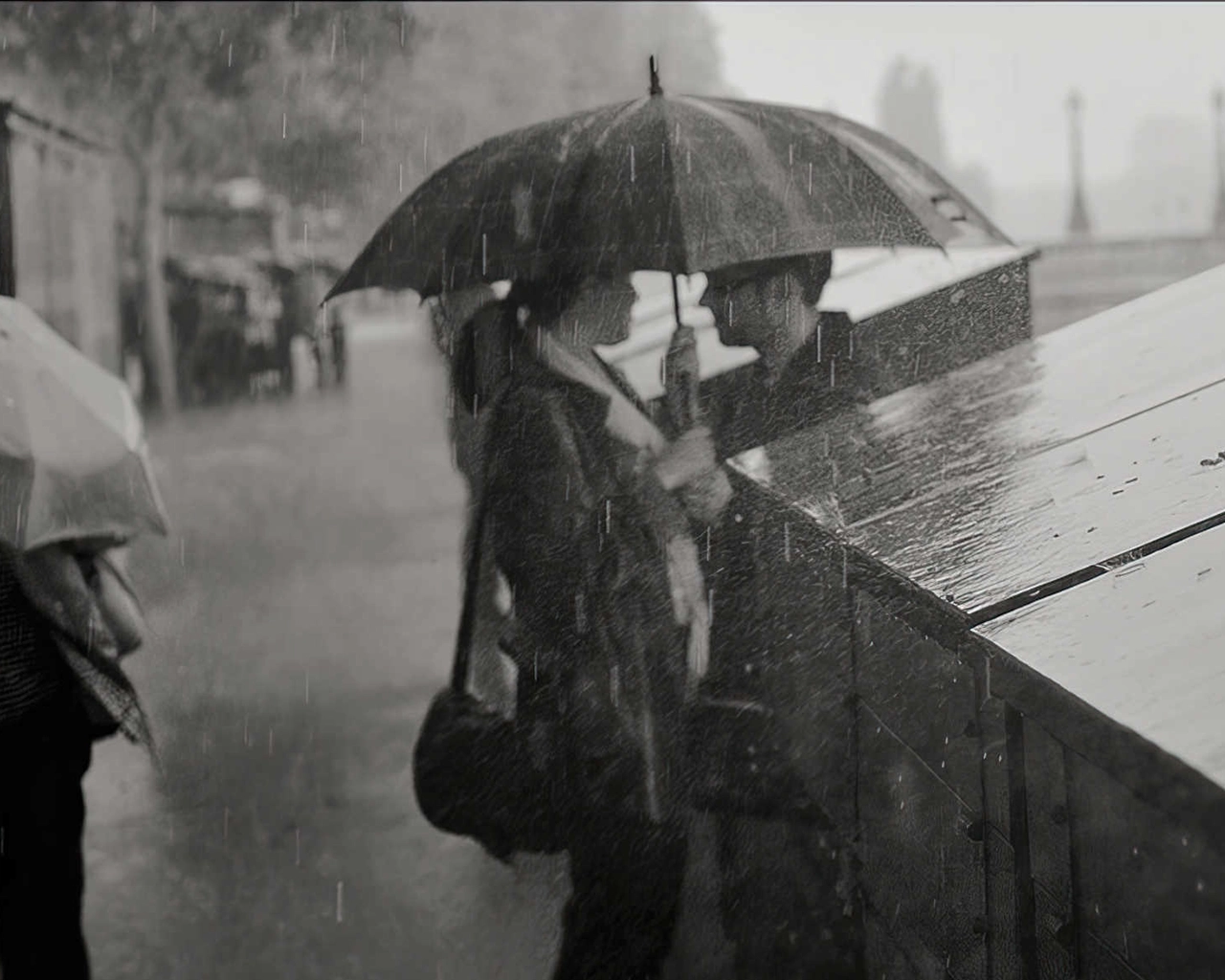 des amants aux boites des bouquinistes sous une pluie forte